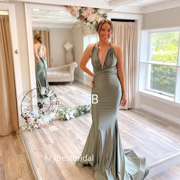 Mismatched Halter Mermaid Floor-length Elegant Simple Pretty Long Bridesmaid Dresses, BDS0254
