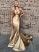 Sexy V-neck Mermaid Side Slit Gold Soft Satin Long Prom Dresses, PDS0235