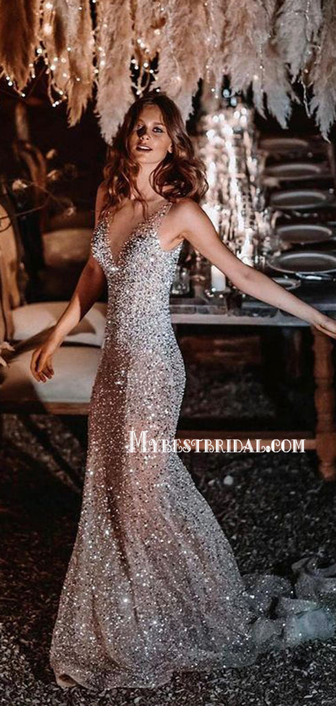 Sparkly V-neck Mermaid Open Back See-through Cheap Wedding Dresses, WDY0298