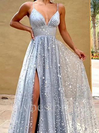 Sexy V-neck Sleeveless Side slit A-line Prom Dresses,PDS0583
