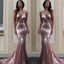 Sexy Spaghetti Rose Gold Long Mermaid Prom Dresses, Affordable Long Prom Dresses, BG0350