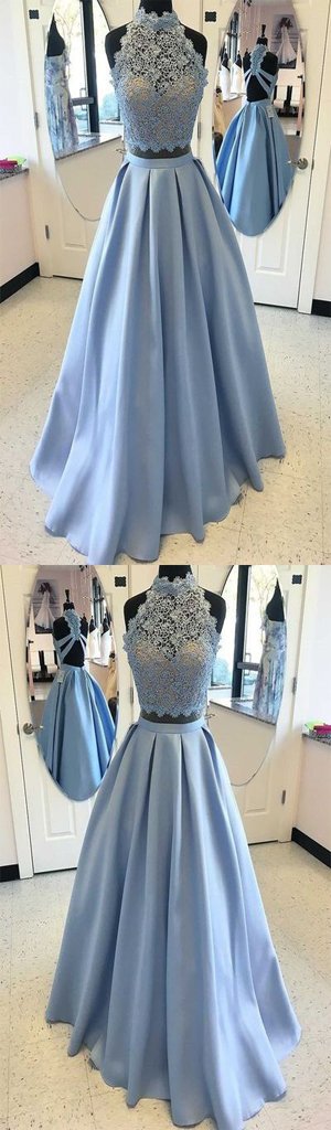 High Fashion Two-Piece A-Line Blue Satin Long Prom Dress with Lace. PDY0186
