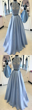 High Fashion Two-Piece A-Line Blue Satin Long Prom Dress with Lace. PDY0186