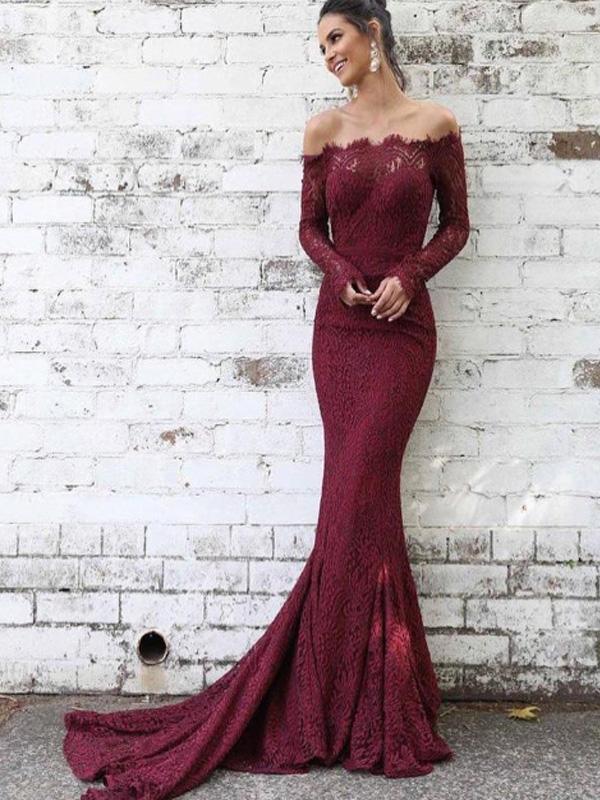 Off-the-Shoulder Long Sleeves Burgundy Lace Prom Dresses,Cheap Prom Dresses,PDY0475