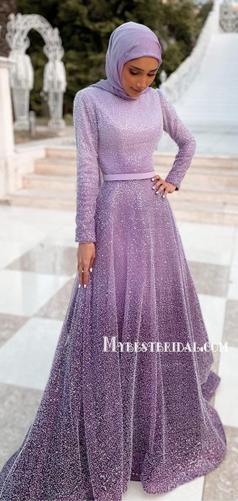 Sparkly Scoop Neck A-line Sequin Long Sleeve Long Prom Dresses, PDS0185