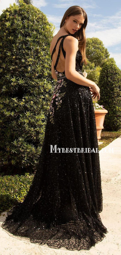 Gorgeous V-neck A-line Tulle Appliques Black Long Prom Dresses PDS0310