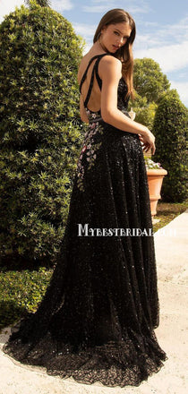 Gorgeous V-neck A-line Tulle Appliques Black Long Prom Dresses PDS0310