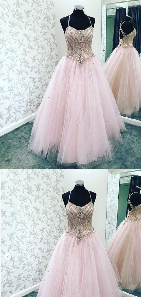 A-line Straps Beaded Pink Tulle Long Evening Prom Dresses,Cheap Prom Dresses,PDY0505