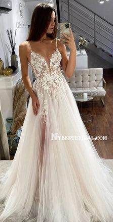Simple V Neck Tulle Skirt Lace A-line Wedding Dresses Online, WDY0263