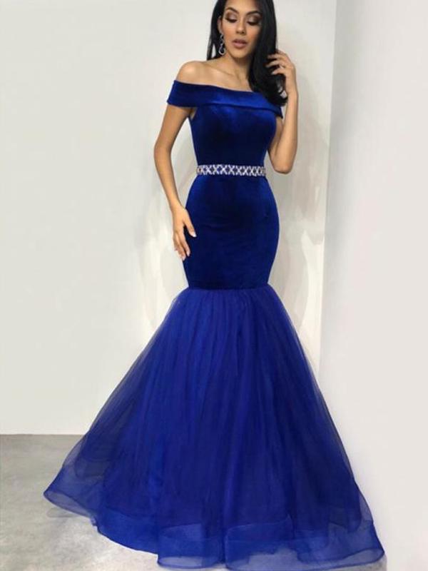 Mermaid Off The Shoulder Royal Blue Velet Evening Dresses,Cheap Prom Dresses,PDY0565