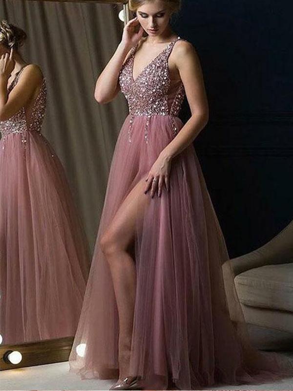 A-line V-neck Dusty Rose Tulle Evening Dresses,Cheap Prom Dresses,PDY0637
