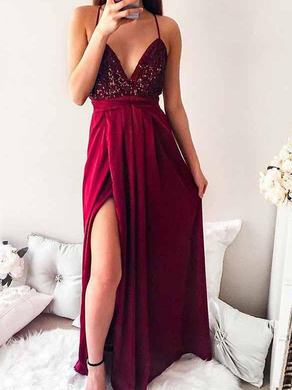 A-Line Spaghetti Straps Burgundy Long Prom Dress With Sequins,Cheap Prom Dresses,PDY0534