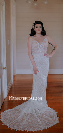 Spaghetti Strap Mermaid V-neck Charming Long Wedding Dresses, WDS0068