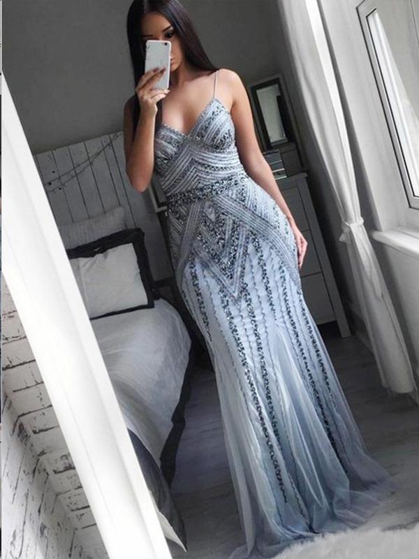 Mermaid Spaghetti Straps Grey Tulle Prom Dresses,Cheap Prom Dresses,PDY0498