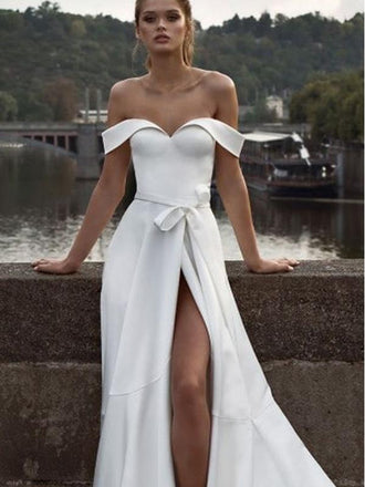 Sheath Off-the-Shoulder White Satin Evening Dresses ,Cheap Prom Dresses,PDY0603