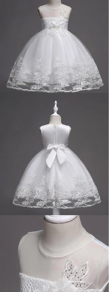 A-line Beaded White Lace Flower Girl Dresses With Handmade Flowers ,Cheap Flower Girl Dresses ,FGY0167