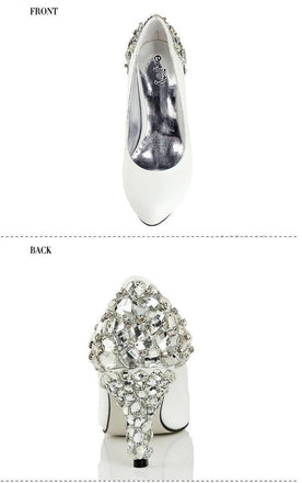 Women's Sparkly Crystal High Heels Pointed Toe White Wedding Bridal Shoes, SY0139