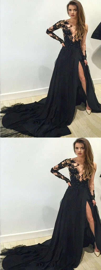 Long Sleeves Black Lace Chiffon Floor Length Party Dress ,Custom Dress, Party Cocktail Dress ,PDY0303