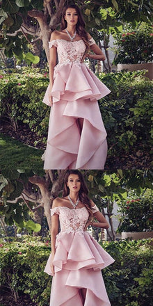 Off-The-Should Hi-lo Pink Lace Long Prom Dresses ,Cheap Prom Dresses,PDY0443