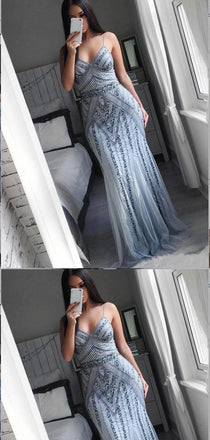 Mermaid Spaghetti Straps Grey Tulle Prom Dresses,Cheap Prom Dresses,PDY0498