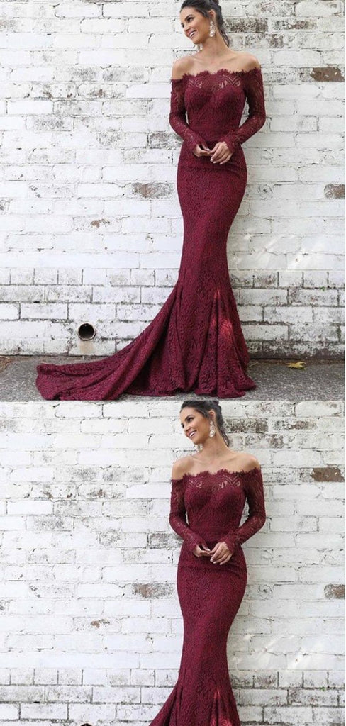 Off-the-Shoulder Long Sleeves Burgundy Lace Prom Dresses,Cheap Prom Dresses,PDY0475