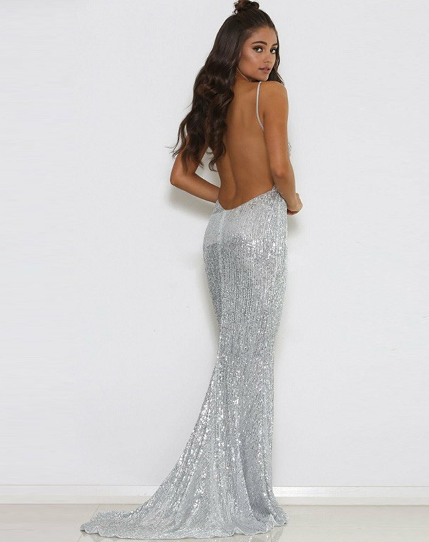 Mermaid Spaghetti Straps Backless Silver Sequined Prom Dress,Cheap Prom Dresses,PDY0545