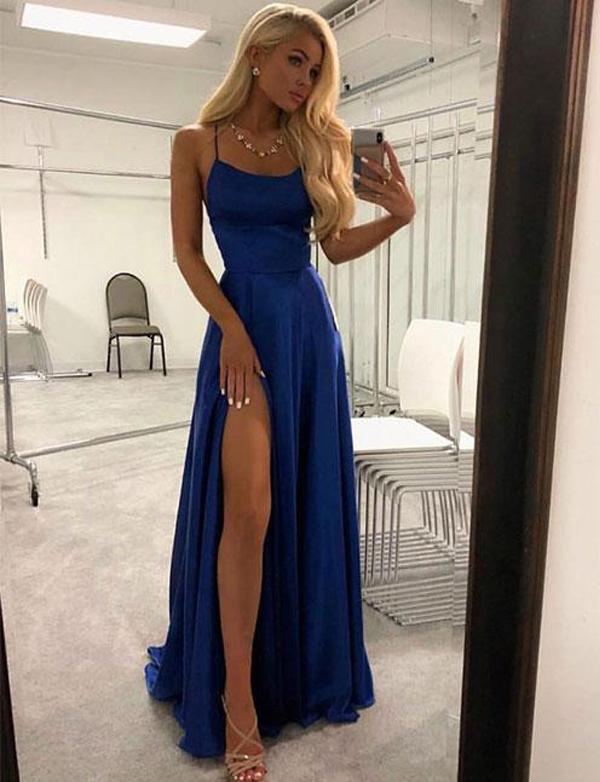 Spaghetti Straps A Line Navy Blue Prom Dress With Split Front,Cheap Prom Dresses,PDY0642