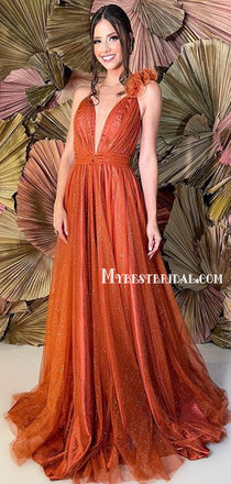 Simple V-neck A-line Tulle Spaghetti Straps Long Prom Dresses Online, PDS0216