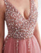 A-line V-neck Dusty Rose Tulle Evening Dresses,Cheap Prom Dresses,PDY0637