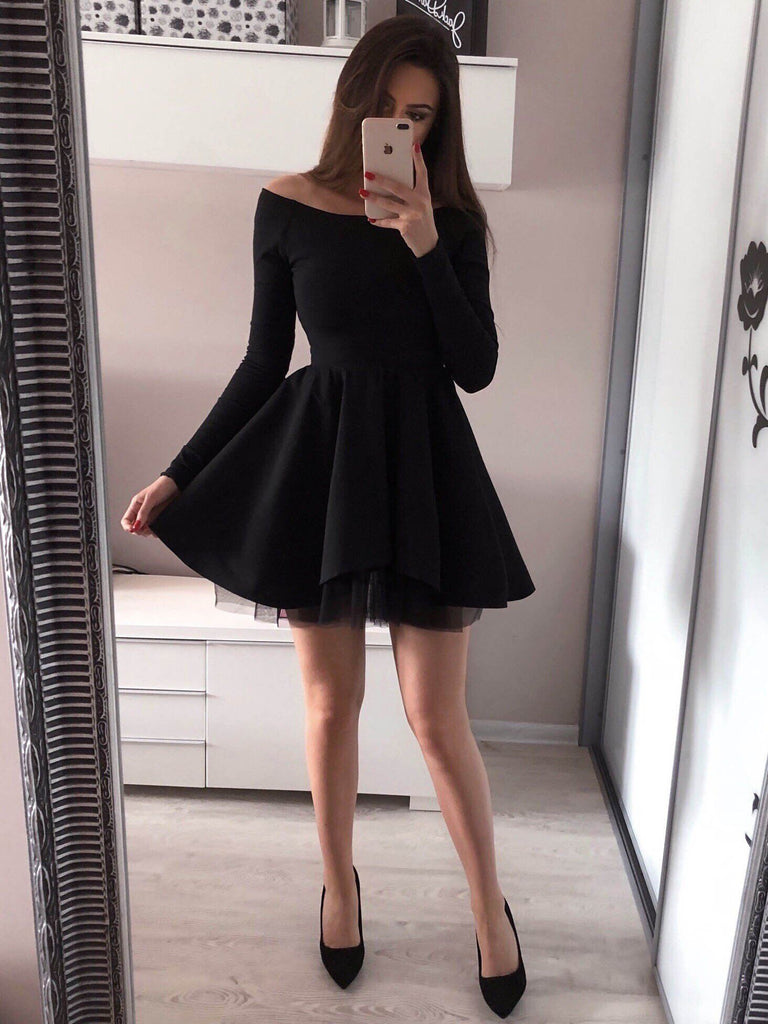 Off-the-Shoulder Long Sleeves Black Tulle Homecoming Dress,Short Prom Dresses,BDY0344