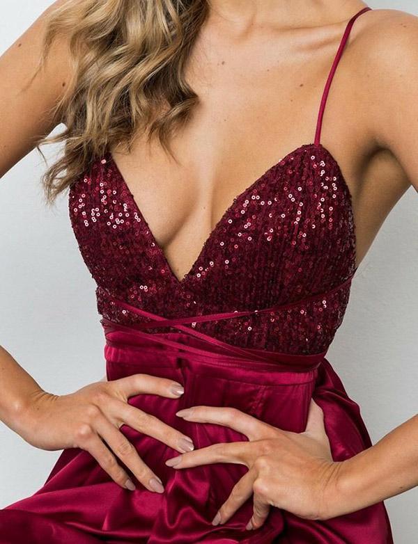 A-Line Spaghetti Straps Burgundy Long Prom Dress With Sequins,Cheap Prom Dresses,PDY0534