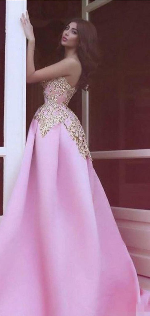 Strapless Unique Design Gold Lace Pink Satin Long Prom Dresses, BG0133