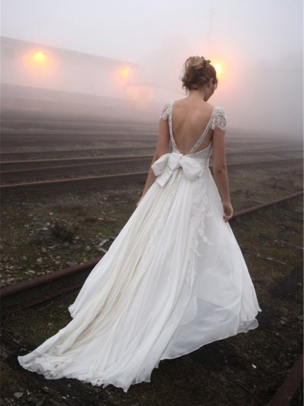 Backless Cap Sleeve V Neck Simple Beach Wedding Dresses, WDY0198