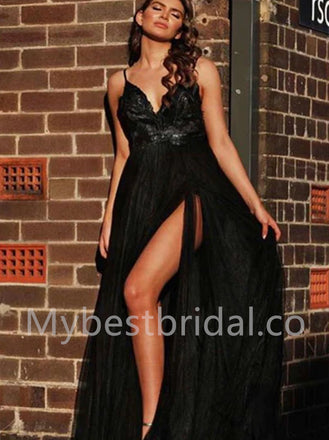 Sexy V-neck Sleeveless Spaghetti straps Side slit A-line Prom Dresses, PDS0545