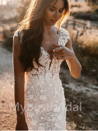 Simple V-neck Mermaid Lace applique Wedding Dresses, WDY0255