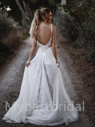 Sexy V-neck Spaghetti straps Sweetheart A-line Lace applique Wedding Dresses, WDY0198