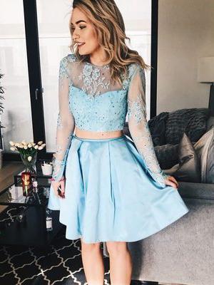 Two Pieces Long Sleeves See Through Cheap Homecoming Dresses Online, BDY0357