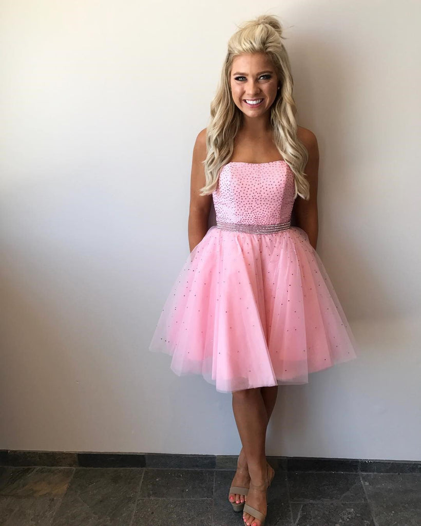 Strapless Beaded Tulle Pink Short Homecoming Dresses 2018, BDY0317