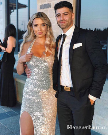 Sparkly Silver Sequin Halter Mermaid Long Cheap Bridesmaid Dresses, BDS0054