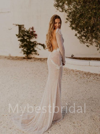 Sexy V-neck Long sleeves Mermaid Lace applique Wedding Dresses, WDY0200