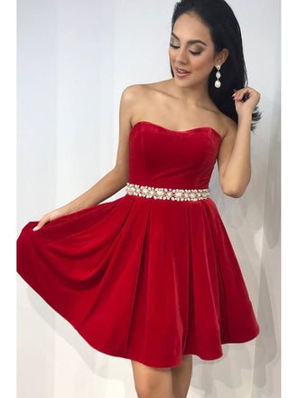 Scoop Red Simple Pearls Beaded Belt Cheap Short Homecoming Dresses Online, BDY0360