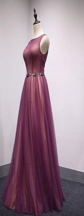 Spring Open Back Long Tulle A-Line Formal Prom Dress  With Belt,Evening Dresses,PDY0189