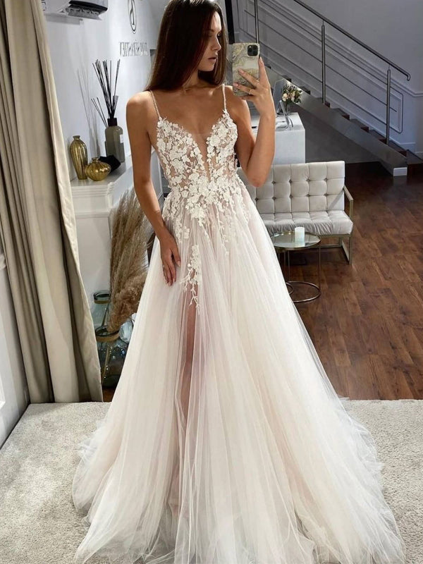 Simple V Neck Tulle Skirt Lace A-line Wedding Dresses Online, WDY0263 ...