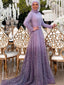 Sparkly Scoop Neck A-line Sequin Long Sleeve Long Prom Dresses, PDS0185