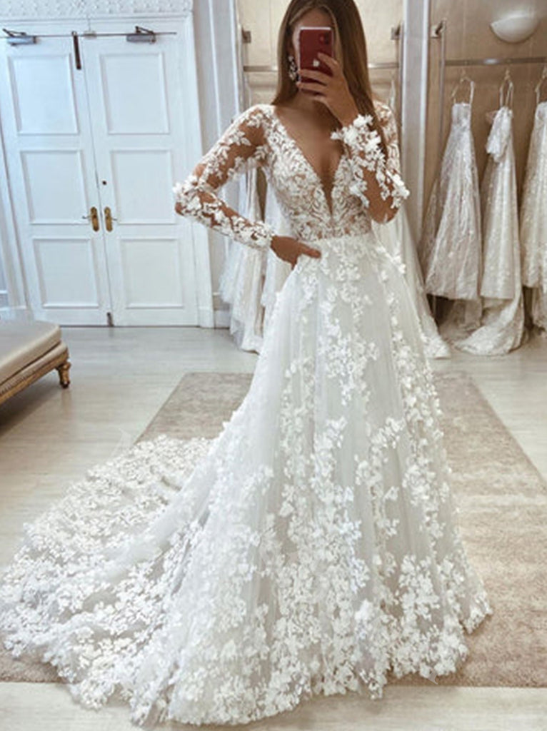 Elegant V-neck Long sleeves A-line Lace applique Wedding Dresses,WDY0337