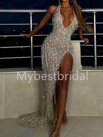 Sexy Halter Side slit Mermaid Prom Dresses, PDS0504
