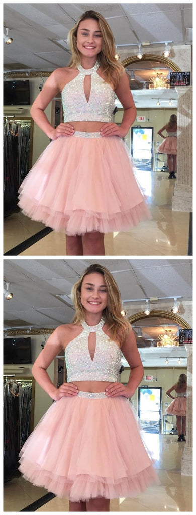 Cute Halter Two Piece Beaded Short Pink Homecoming Dresses 2018, BDY0175