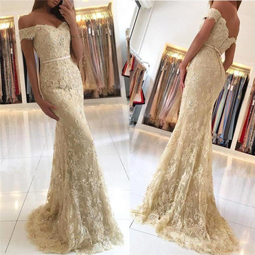 Off Shoulder Lace Beaded Mermaid Long Prom Dresses, Evening Gown, BG0356