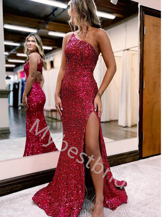 Sexy One shoulder Sleeveless Side slit Mermaid Prom Dresses,PDS0736