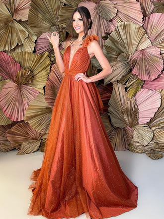 Simple V-neck A-line Tulle Spaghetti Straps Long Prom Dresses Online, PDS0216